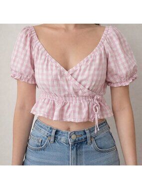 American Eagle Checkered Puff Sleeve Crop Linen Wrap Small Cottagecore Prairie